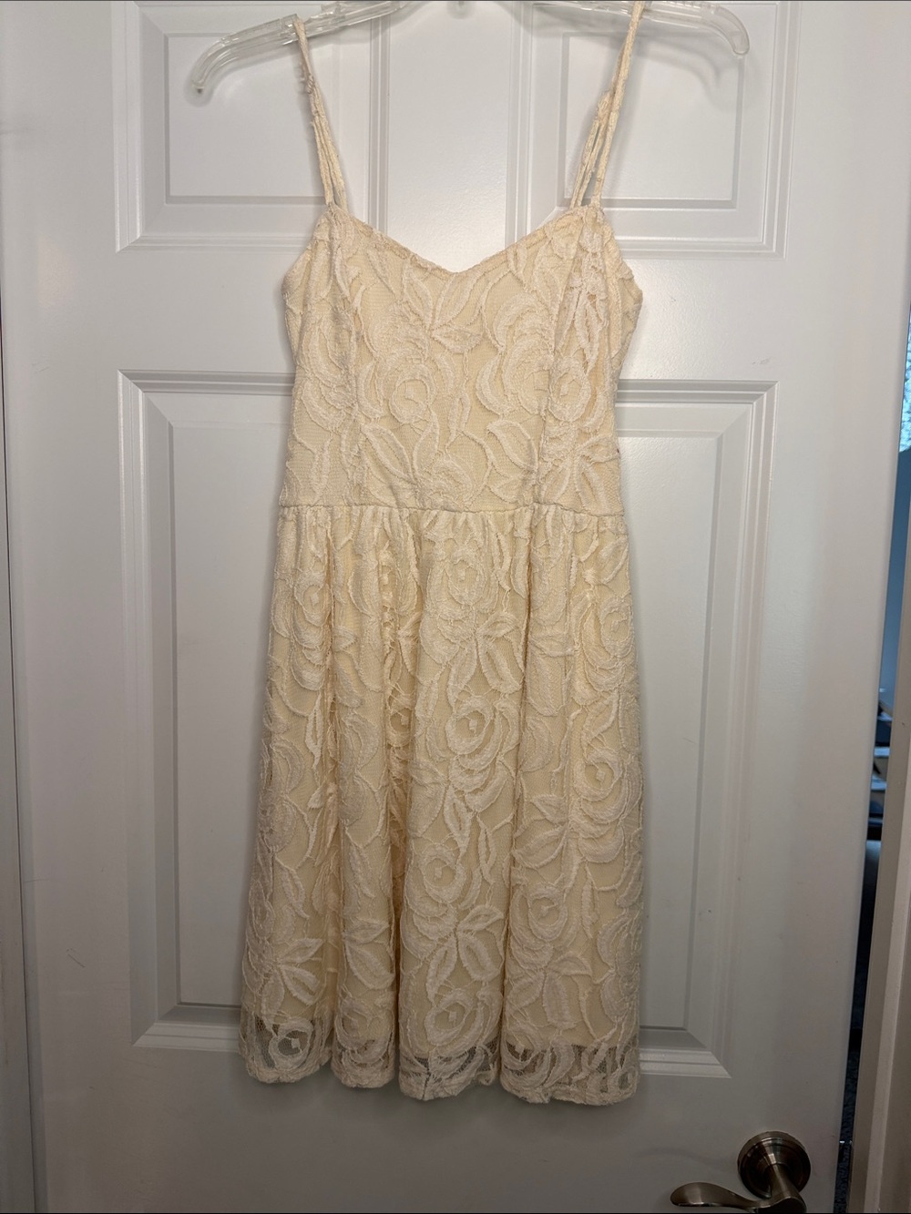love, Fire Cream Lace Spaghetti Strap Mini Dress